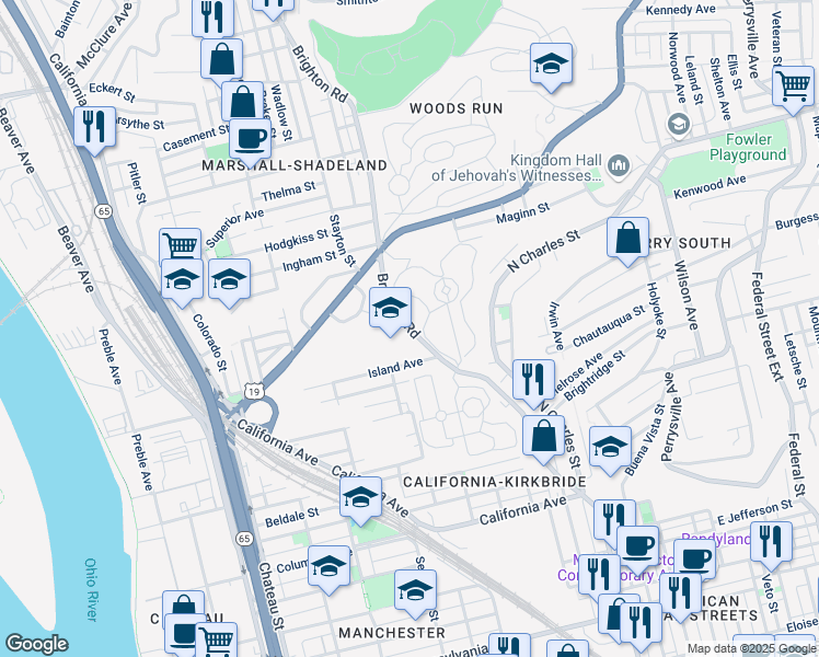 map of restaurants, bars, coffee shops, grocery stores, and more near 2323 Brighton Road in Pittsburgh