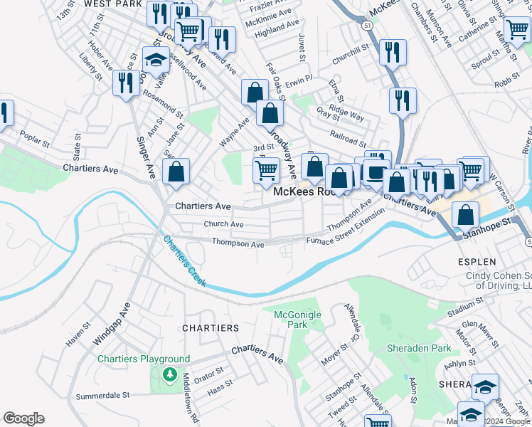 map of restaurants, bars, coffee shops, grocery stores, and more near 1107 Church Avenue in McKees Rocks
