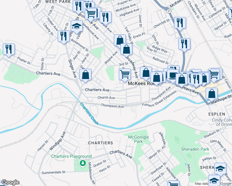 map of restaurants, bars, coffee shops, grocery stores, and more near 1147 Church Avenue in McKees Rocks