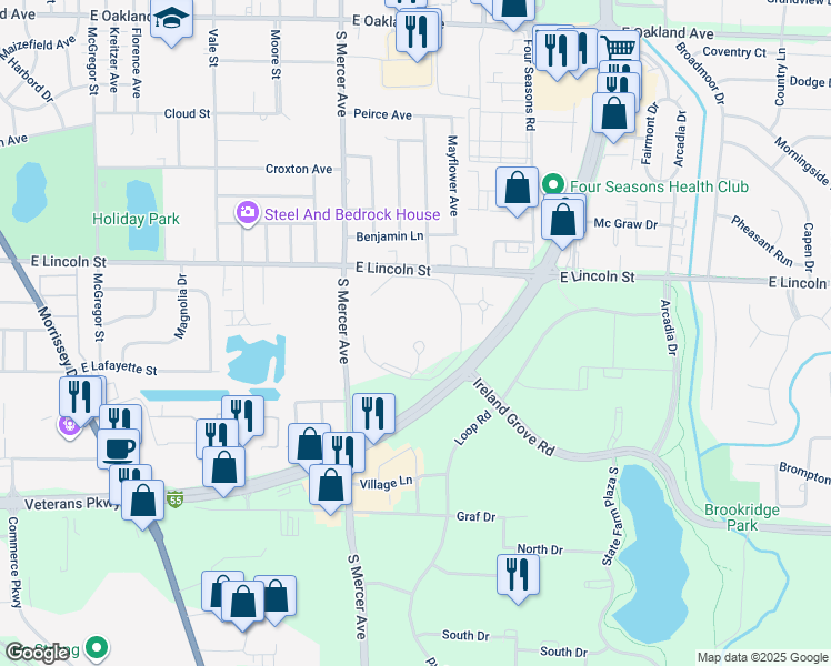 map of restaurants, bars, coffee shops, grocery stores, and more near Westminster Dr in Bloomington
