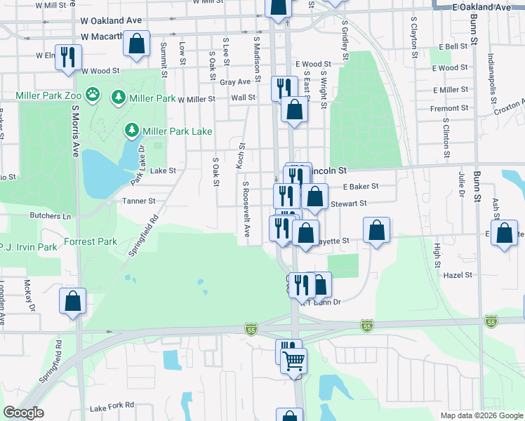 map of restaurants, bars, coffee shops, grocery stores, and more near 1611 South Madison Street in Bloomington