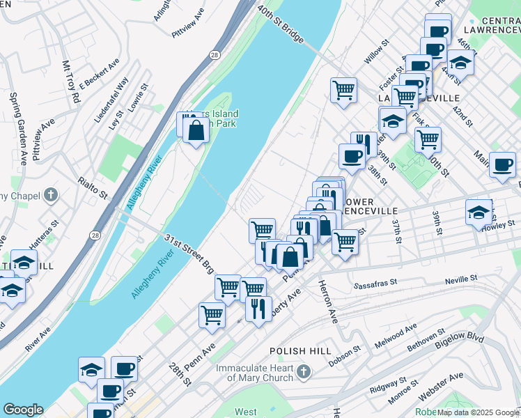 map of restaurants, bars, coffee shops, grocery stores, and more near 8001-8085 33rd St in Allegheny