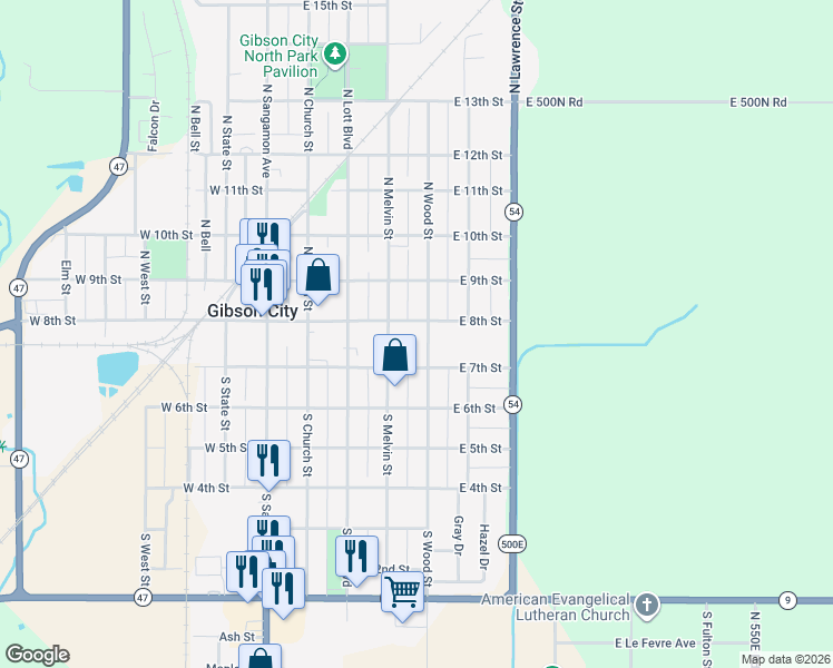 map of restaurants, bars, coffee shops, grocery stores, and more near 422 East 7th Street in Gibson City