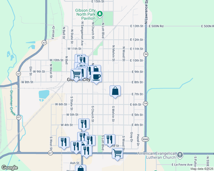 map of restaurants, bars, coffee shops, grocery stores, and more near 326 East 7th Street in Gibson City