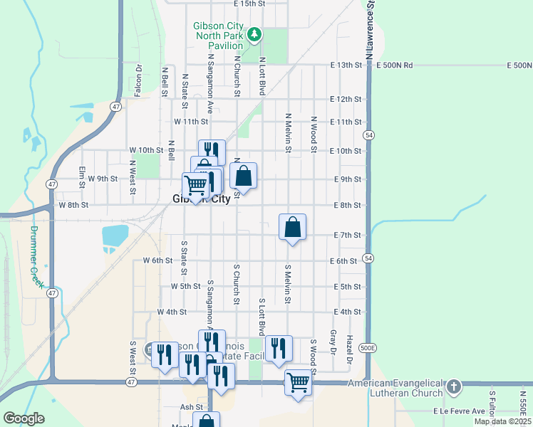 map of restaurants, bars, coffee shops, grocery stores, and more near 214 East 7th Street in Gibson City