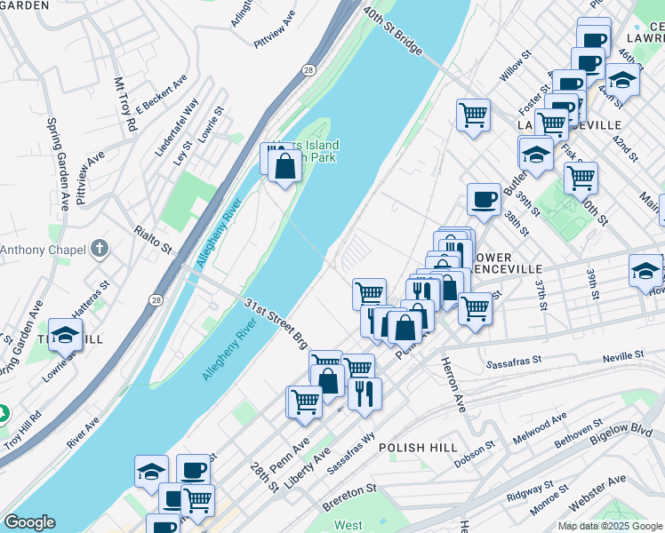 map of restaurants, bars, coffee shops, grocery stores, and more near 8001 33rd Street in Pittsburgh