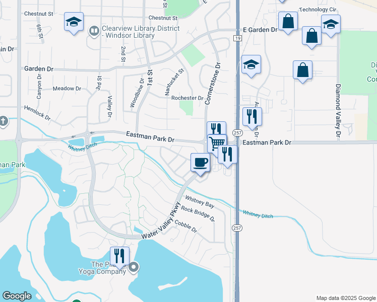 map of restaurants, bars, coffee shops, grocery stores, and more near 1357 Windjammer Drive in Windsor