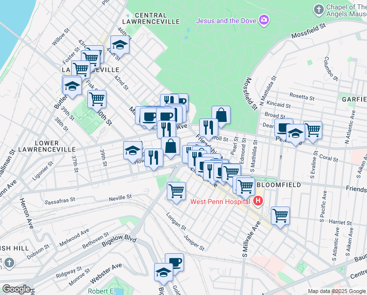 map of restaurants, bars, coffee shops, grocery stores, and more near in Pittsburgh