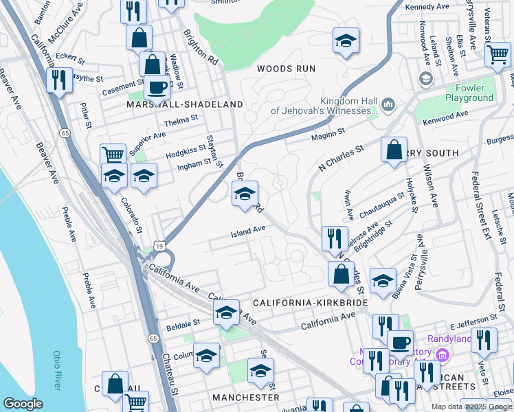 map of restaurants, bars, coffee shops, grocery stores, and more near 2323 Brighton Road in Pittsburgh