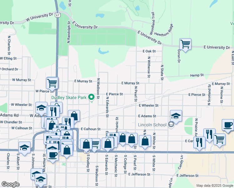 map of restaurants, bars, coffee shops, grocery stores, and more near 601 North Mechanic Street in Macomb
