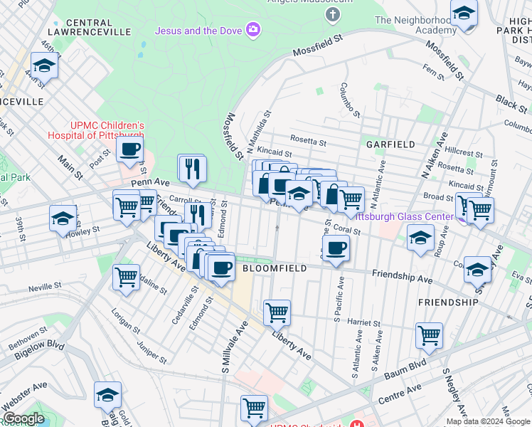 map of restaurants, bars, coffee shops, grocery stores, and more near 205 South Millvale Avenue in Pittsburgh