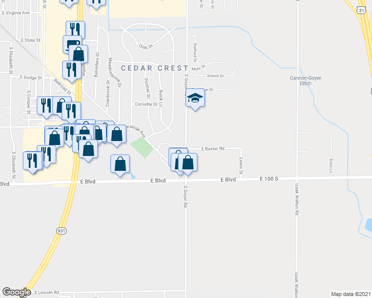map of restaurants, bars, coffee shops, grocery stores, and more near 2402 East Baxter Road in Kokomo