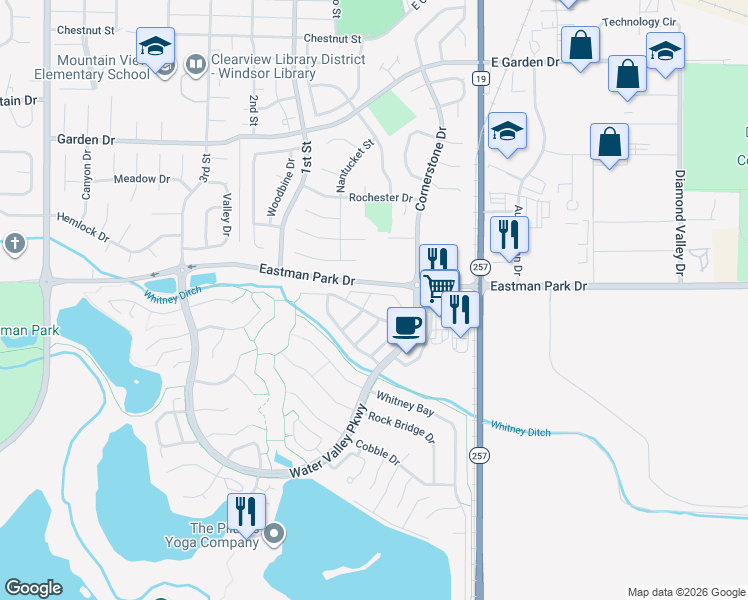 map of restaurants, bars, coffee shops, grocery stores, and more near 1357 Windjammer Drive in Windsor