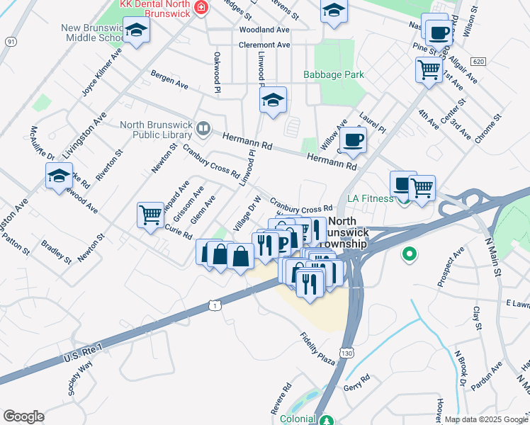 map of restaurants, bars, coffee shops, grocery stores, and more near 932 Village Drive East in North Brunswick Township