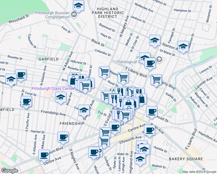 map of restaurants, bars, coffee shops, grocery stores, and more near 5642 Broad Street in Pittsburgh