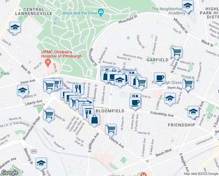 map of restaurants, bars, coffee shops, grocery stores, and more near 221 Gross Street in Pittsburgh