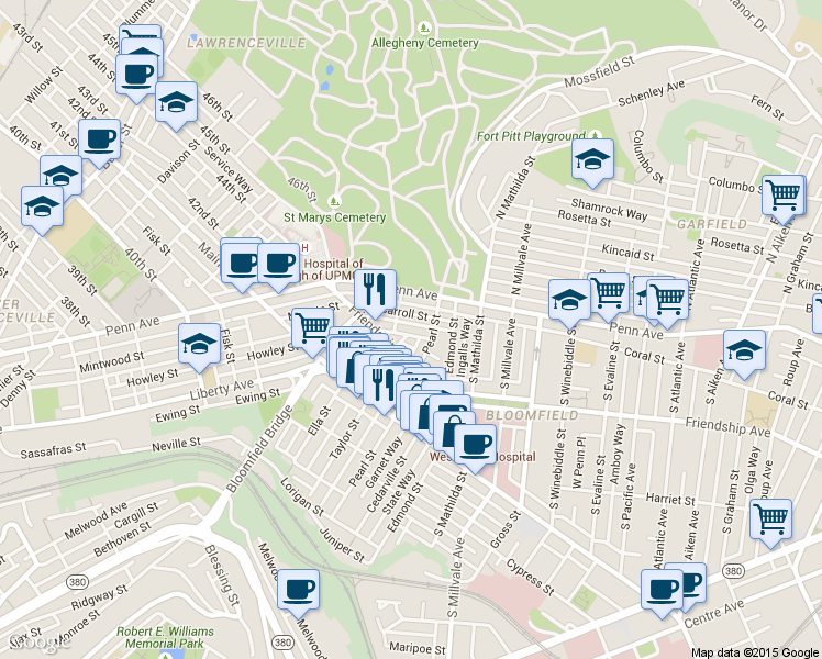 map of restaurants, bars, coffee shops, grocery stores, and more near 158 Pearl Street in Pittsburgh