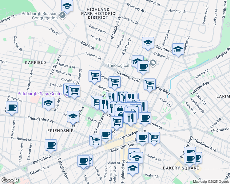 map of restaurants, bars, coffee shops, grocery stores, and more near 5801 Station Street in Pittsburgh