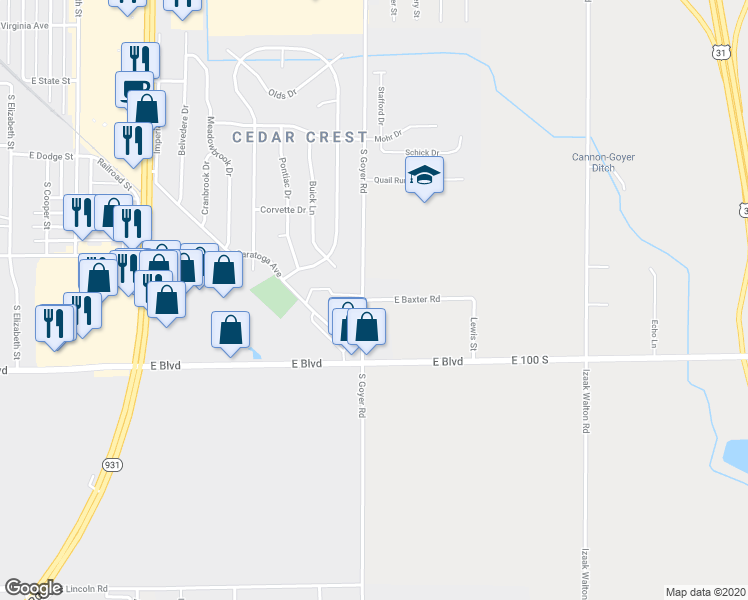 map of restaurants, bars, coffee shops, grocery stores, and more near 2406 East Baxter Road in Kokomo
