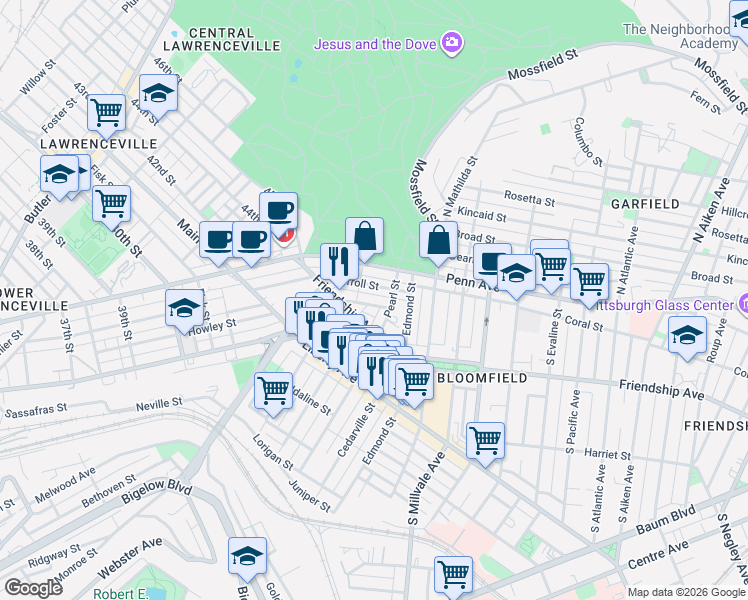 map of restaurants, bars, coffee shops, grocery stores, and more near 158 Pearl Street in Pittsburgh