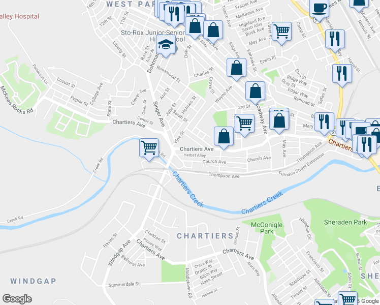 map of restaurants, bars, coffee shops, grocery stores, and more near 1255 Chartiers Avenue in McKees Rocks