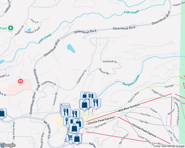 map of restaurants, bars, coffee shops, grocery stores, and more near 1650 Natches Way in Steamboat Springs