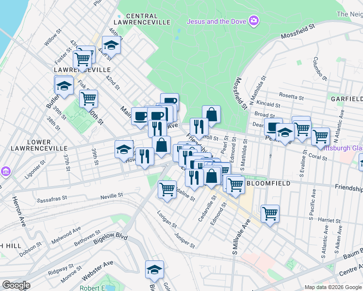 map of restaurants, bars, coffee shops, grocery stores, and more near 4668 Gangwish Street in Pittsburgh