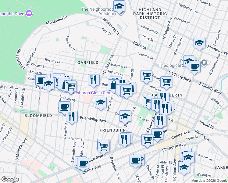 map of restaurants, bars, coffee shops, grocery stores, and more near 5461 Penn Avenue in Pittsburgh