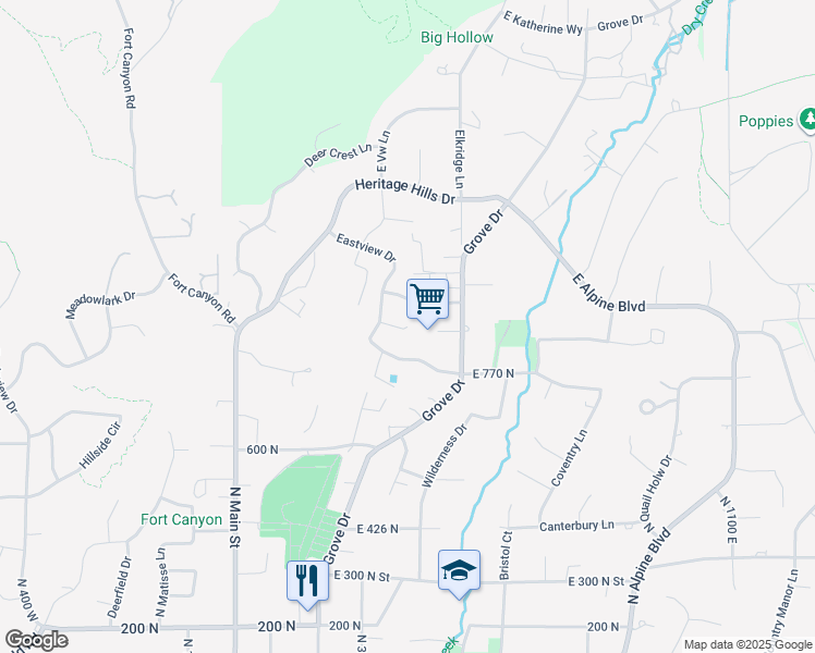 map of restaurants, bars, coffee shops, grocery stores, and more near 512 East Ridge Drive in Alpine
