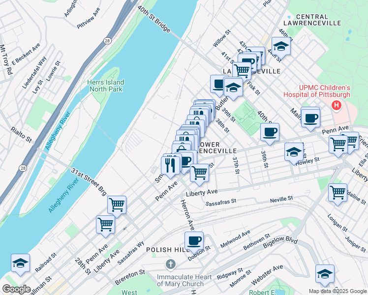 map of restaurants, bars, coffee shops, grocery stores, and more near 3510 Charlotte Street in Pittsburgh