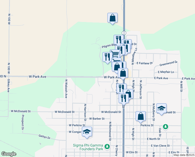 map of restaurants, bars, coffee shops, grocery stores, and more near 700 West Park Avenue in Hartford City