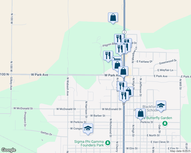 map of restaurants, bars, coffee shops, grocery stores, and more near 700 West Park Avenue in Hartford City