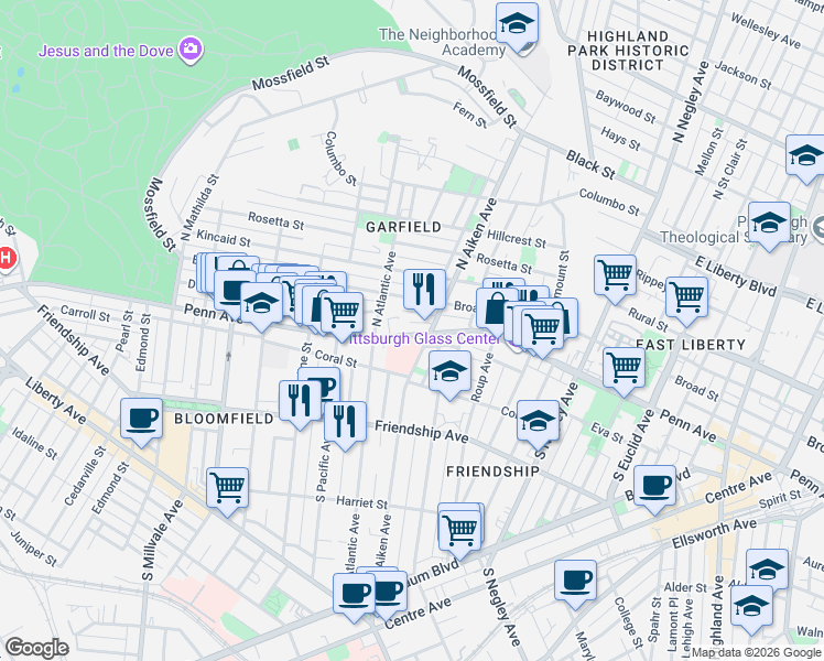 map of restaurants, bars, coffee shops, grocery stores, and more near 5335 Penn Avenue in Pittsburgh