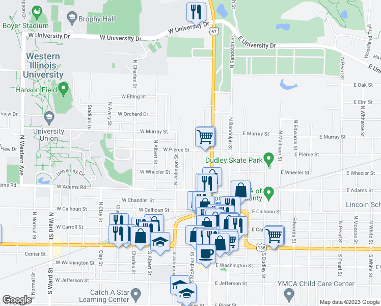 map of restaurants, bars, coffee shops, grocery stores, and more near 532 North McArthur Street in Macomb