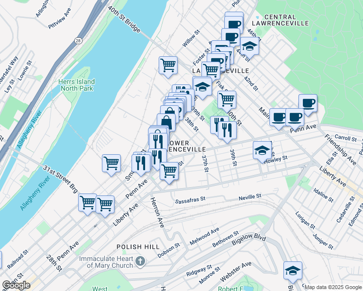 map of restaurants, bars, coffee shops, grocery stores, and more near in Pittsburgh