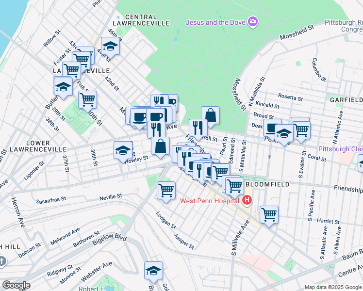 map of restaurants, bars, coffee shops, grocery stores, and more near 4533 Friendship Avenue in Pittsburgh
