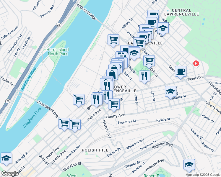 map of restaurants, bars, coffee shops, grocery stores, and more near 3540 Charlotte Street in Pittsburgh