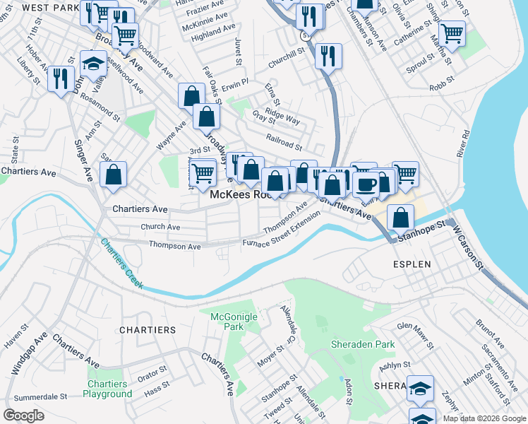 map of restaurants, bars, coffee shops, grocery stores, and more near 755 Chartiers Avenue in McKees Rocks