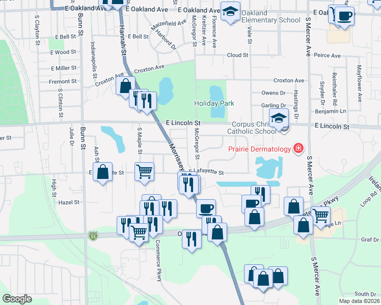 map of restaurants, bars, coffee shops, grocery stores, and more near 1011 McGregor Street in Bloomington