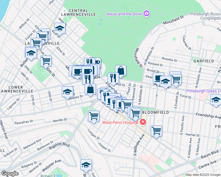 map of restaurants, bars, coffee shops, grocery stores, and more near 4533 Friendship Avenue in Pittsburgh