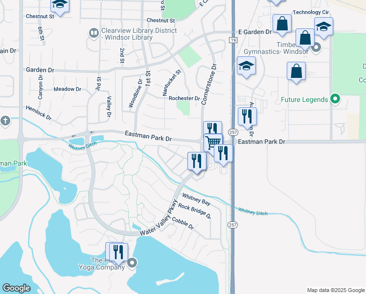 map of restaurants, bars, coffee shops, grocery stores, and more near 107 Rose Court in Windsor