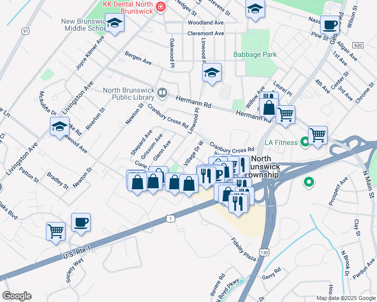 map of restaurants, bars, coffee shops, grocery stores, and more near 918 Linwood Place in North Brunswick Township