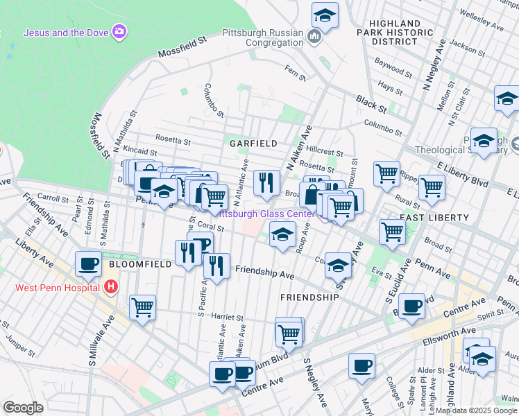 map of restaurants, bars, coffee shops, grocery stores, and more near 5349 Waterford Street in Pittsburgh