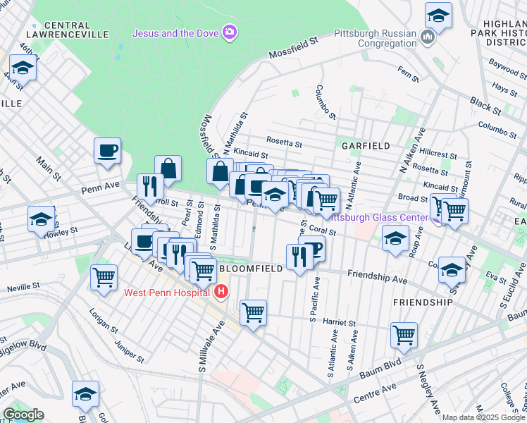 map of restaurants, bars, coffee shops, grocery stores, and more near 4931 Penn Avenue in Pittsburgh