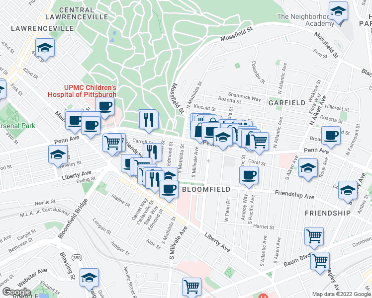 map of restaurants, bars, coffee shops, grocery stores, and more near 4823 Penn Avenue in Pittsburgh
