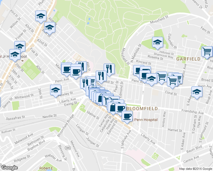 map of restaurants, bars, coffee shops, grocery stores, and more near 4598 Comrie Way in Pittsburgh