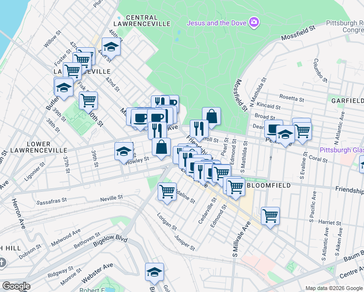 map of restaurants, bars, coffee shops, grocery stores, and more near 4533 Friendship Avenue in Pittsburgh