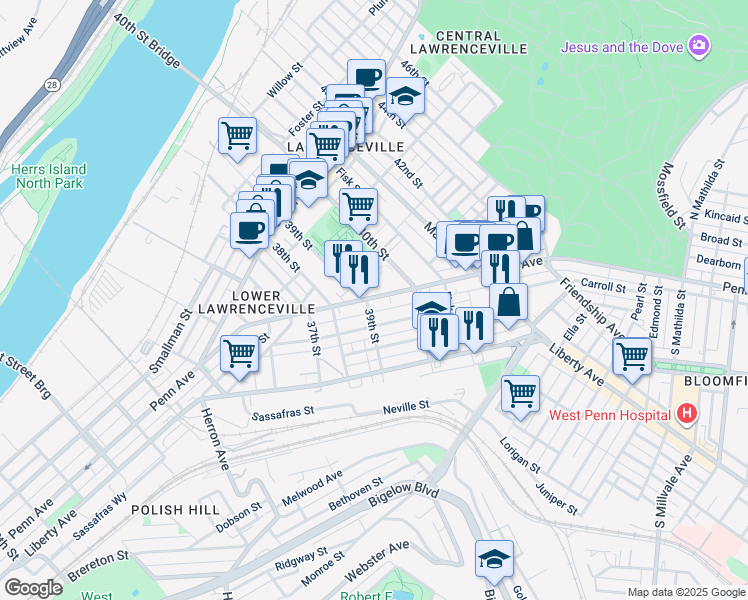 map of restaurants, bars, coffee shops, grocery stores, and more near 3901 Penn Avenue in Pittsburgh