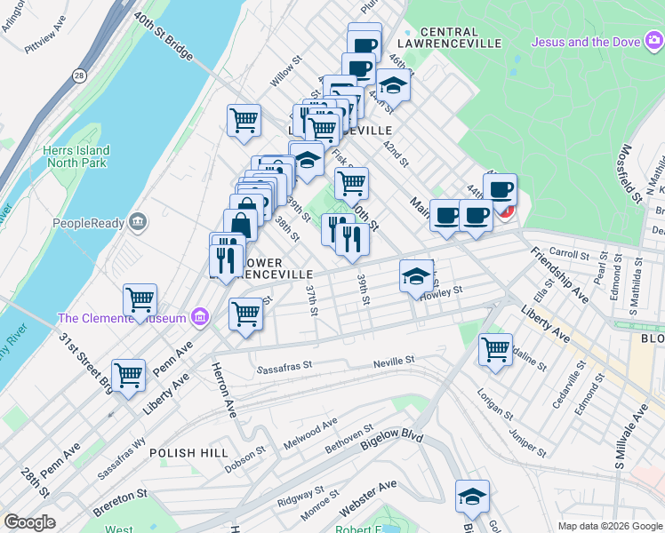 map of restaurants, bars, coffee shops, grocery stores, and more near 275 38th Street in Pittsburgh
