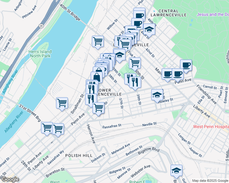 map of restaurants, bars, coffee shops, grocery stores, and more near 237 37th Street in Pittsburgh